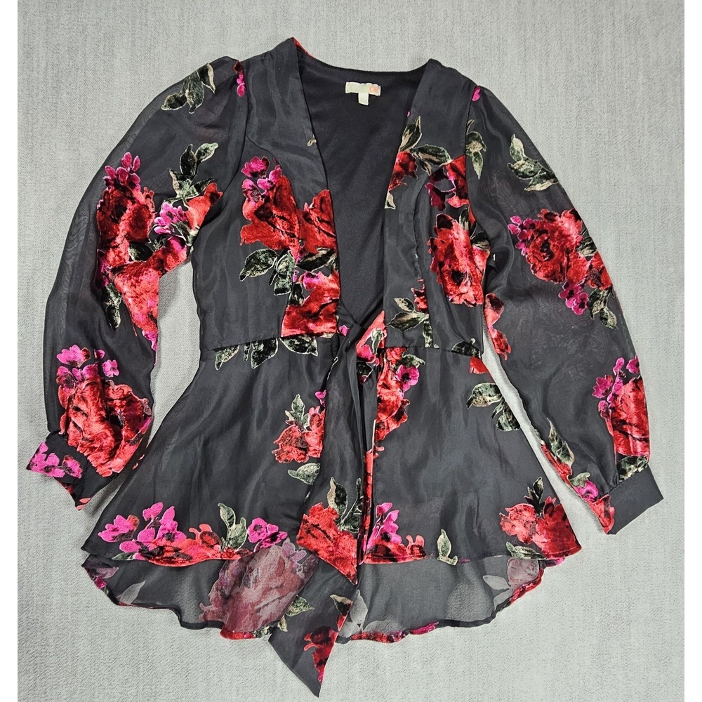GB Gianni Bini Women's Black Sheer Floral Blouse Velvet Red Pink Tie Waist Sz M
